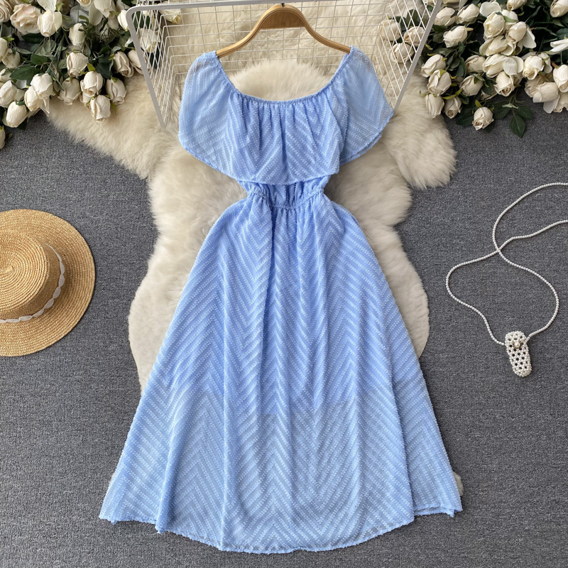 Summer horizontal collar long dress fold retro dress for women