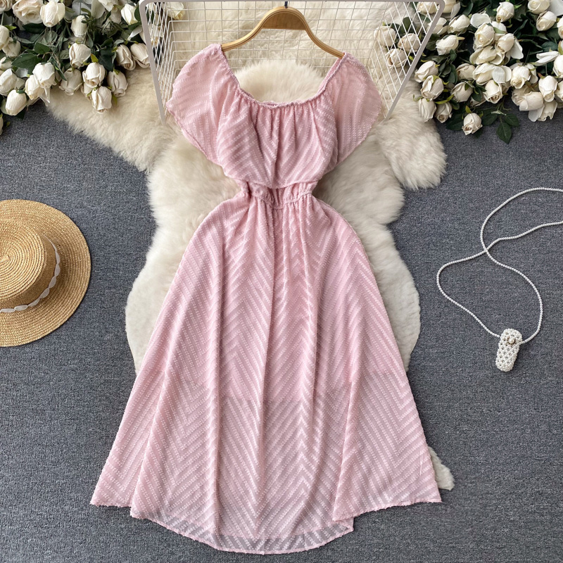 Summer horizontal collar long dress fold retro dress for women