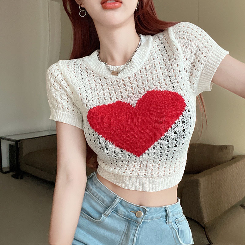 Slim short sleeve summer tops loose hollow sweater for women