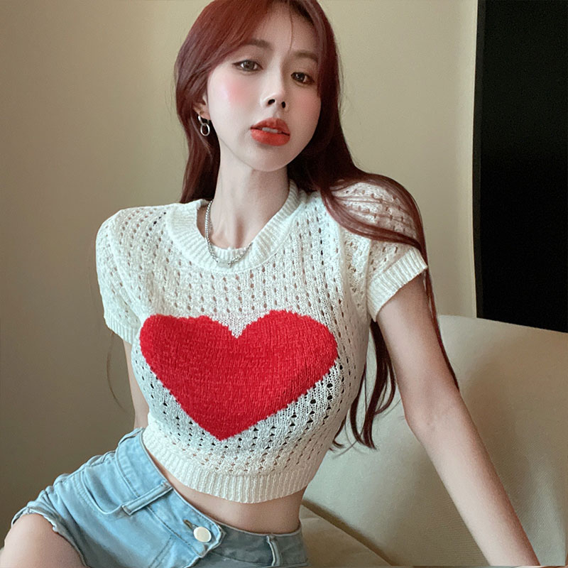 Slim short sleeve summer tops loose hollow sweater for women