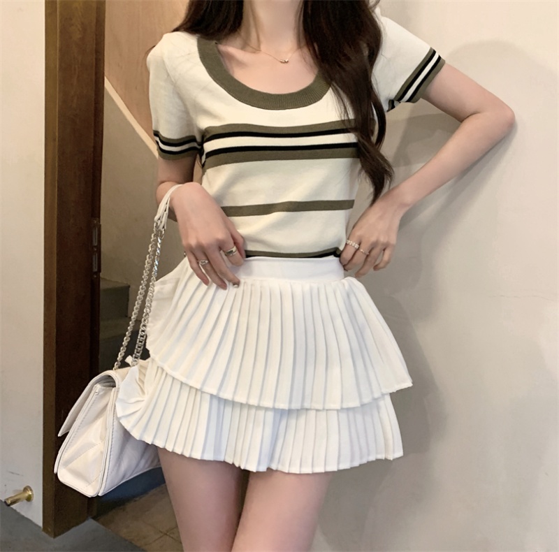 Summer ice silk short skirt knitted stripe tops 2pcs set
