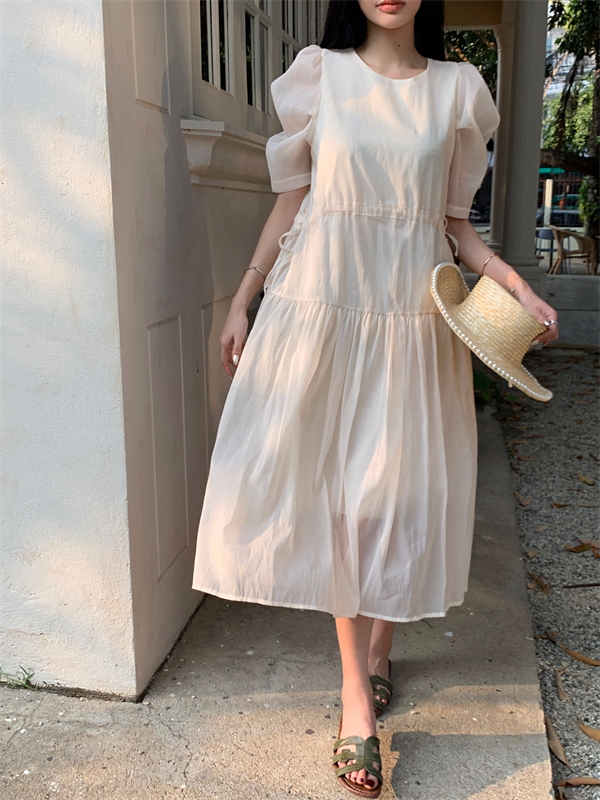 Pinched waist drawstring summer puff sleeve dress