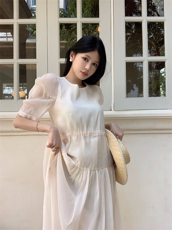 Pinched waist drawstring summer puff sleeve dress