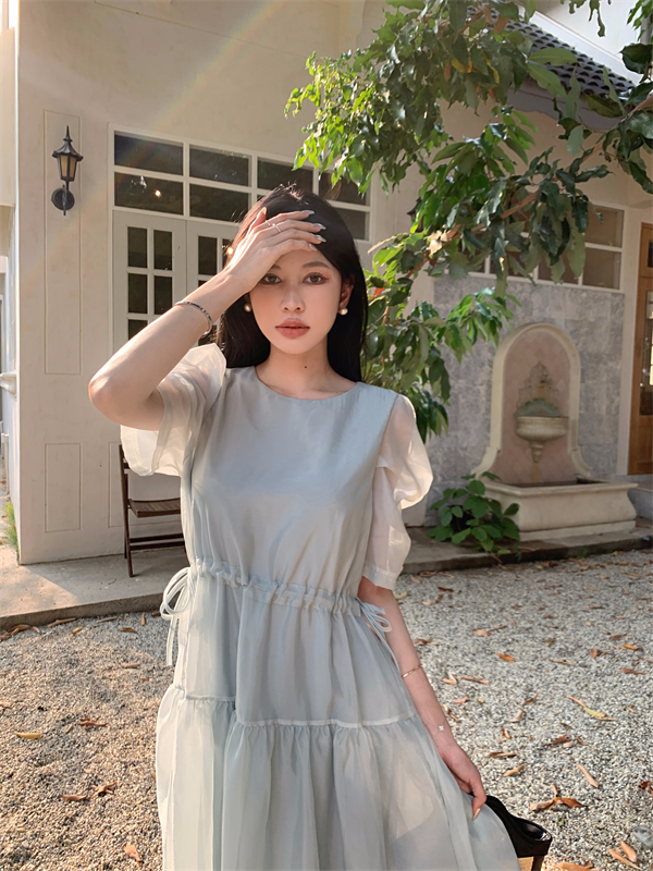 Pinched waist drawstring summer puff sleeve dress