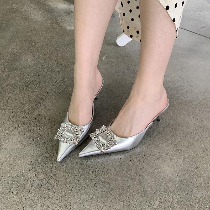 Spring fine-root rhinestone pointed half slippers for women