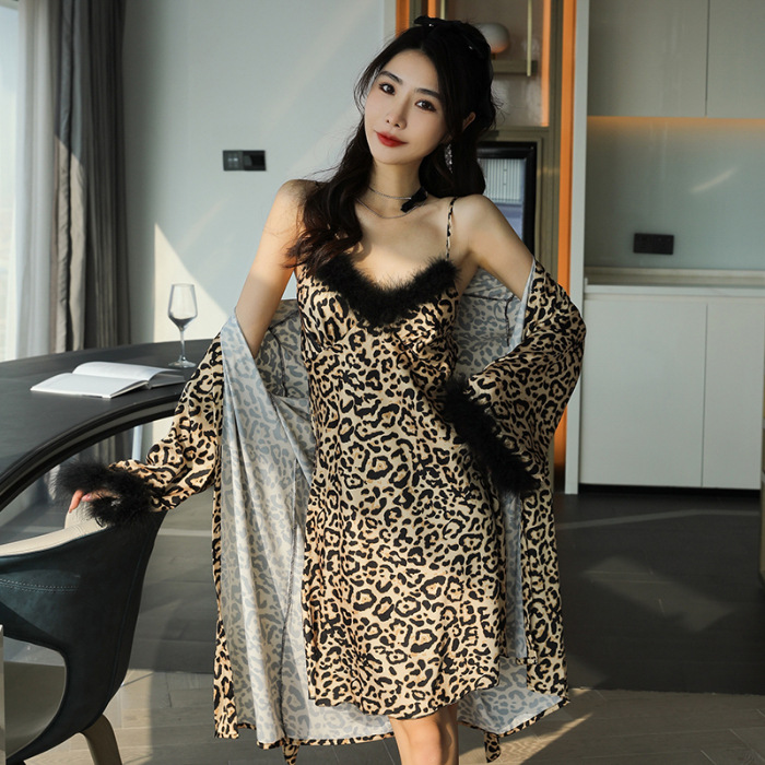 Fur collar nightgown summer night dress 2pcs set for women