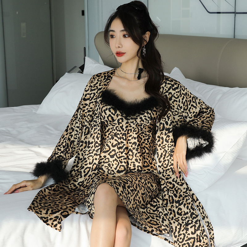 Fur collar nightgown summer night dress 2pcs set for women