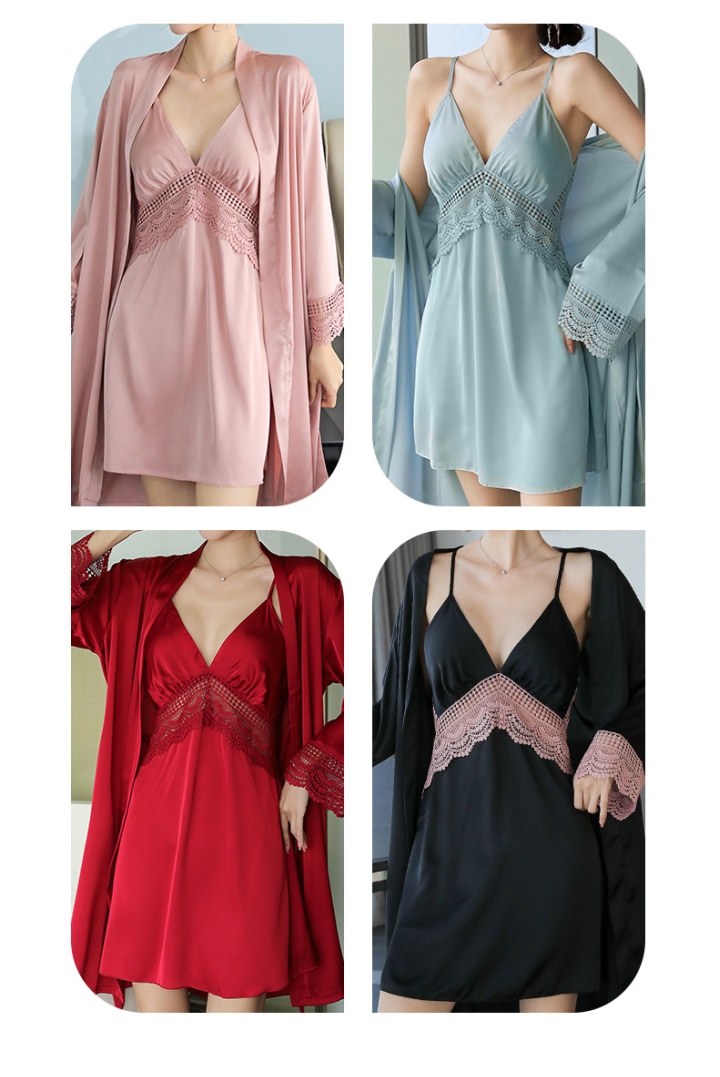 V-neck night dress with chest pad pajamas 2pcs set for women
