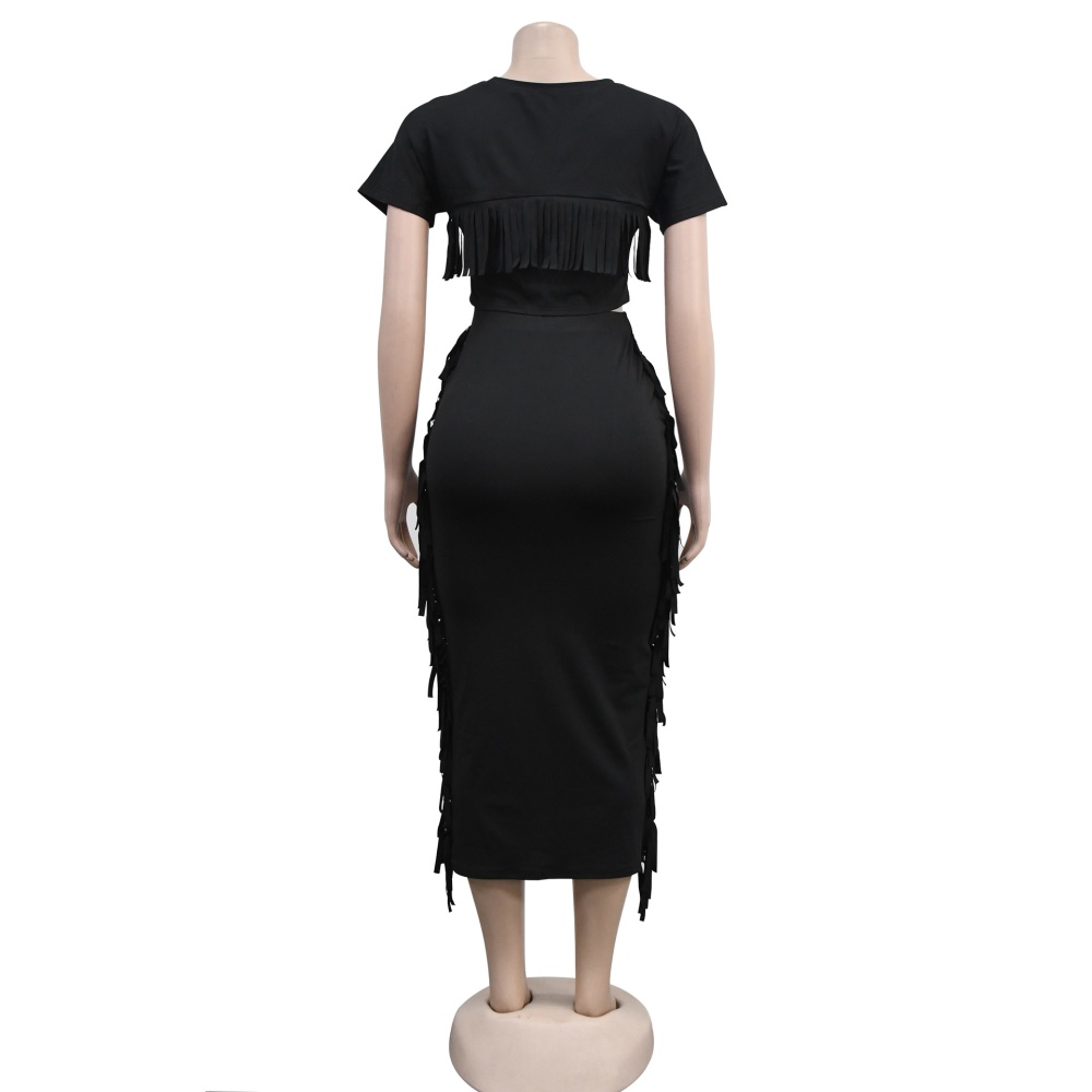 Short sleeve fashion tassels long skirt 2pcs set