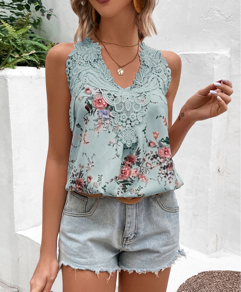European style V-neck tops summer lace T-shirt for women