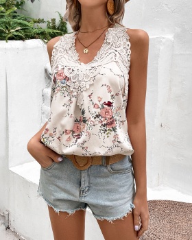 European style V-neck tops summer lace T-shirt for women