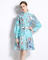 Long sleeve with belt dress printing cstand collar T-back