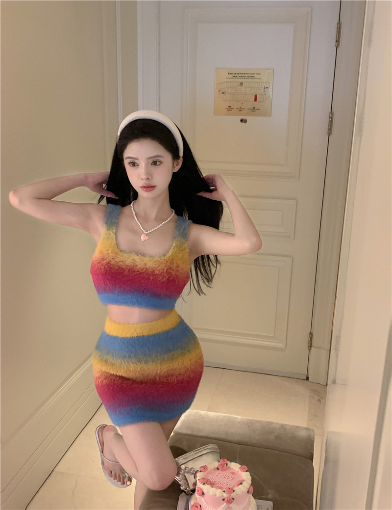 Slim navel vest spicegirl summer short skirt 2pcs set