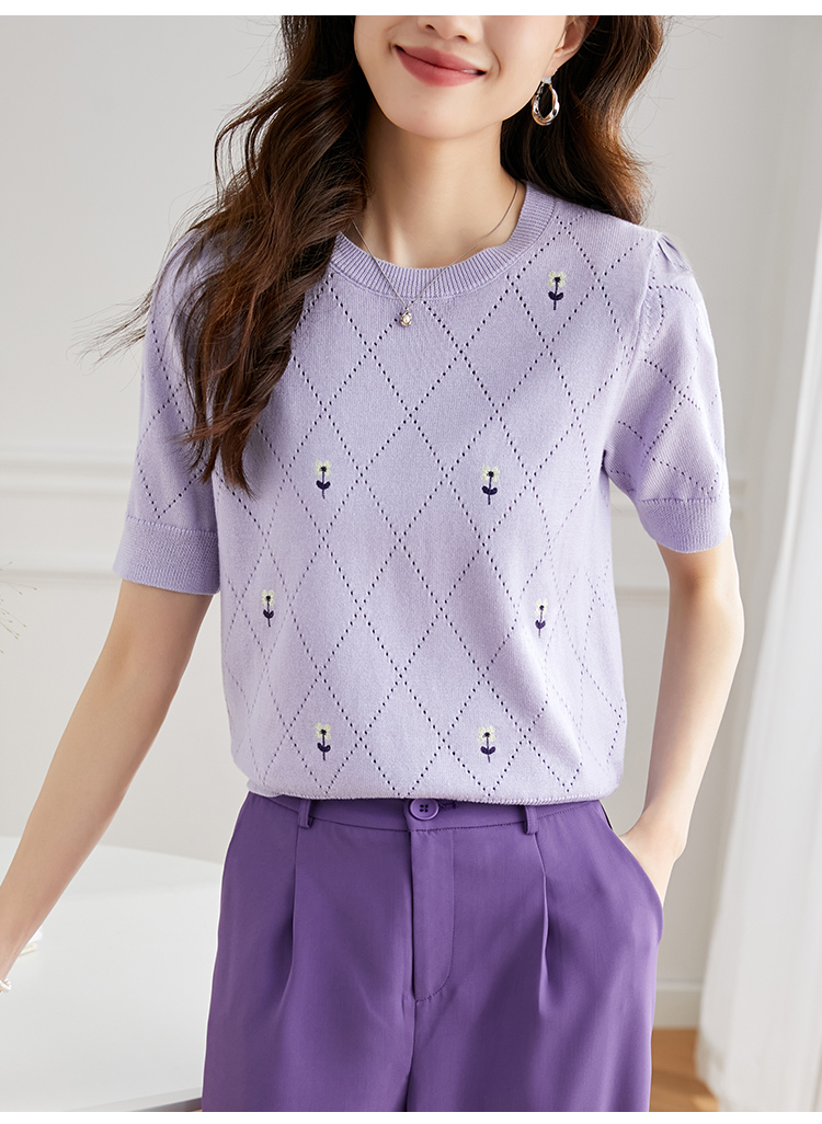 Embroidery short sleeve tops round neck sweater for women