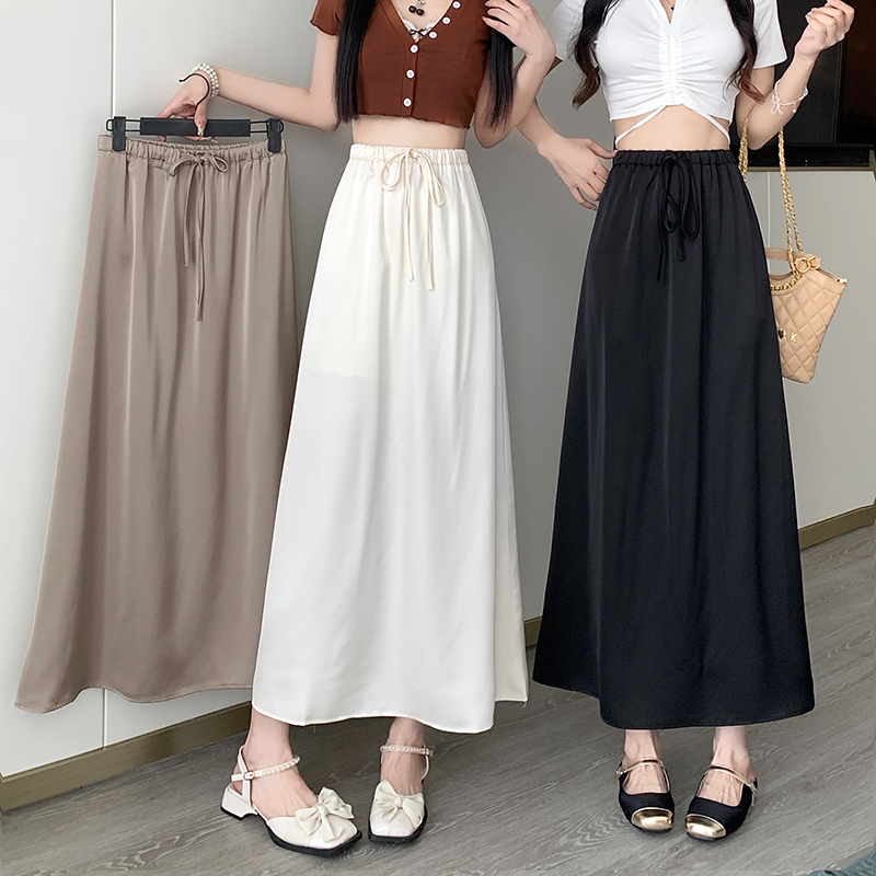 Summer drawstring ice silk drape long satin skirt for women