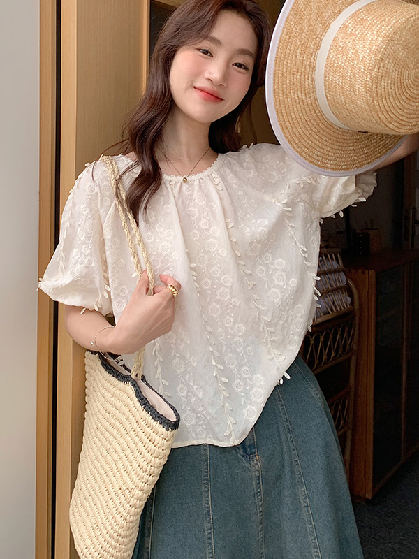 Round neck summer doll shirt loose embroidered shirt