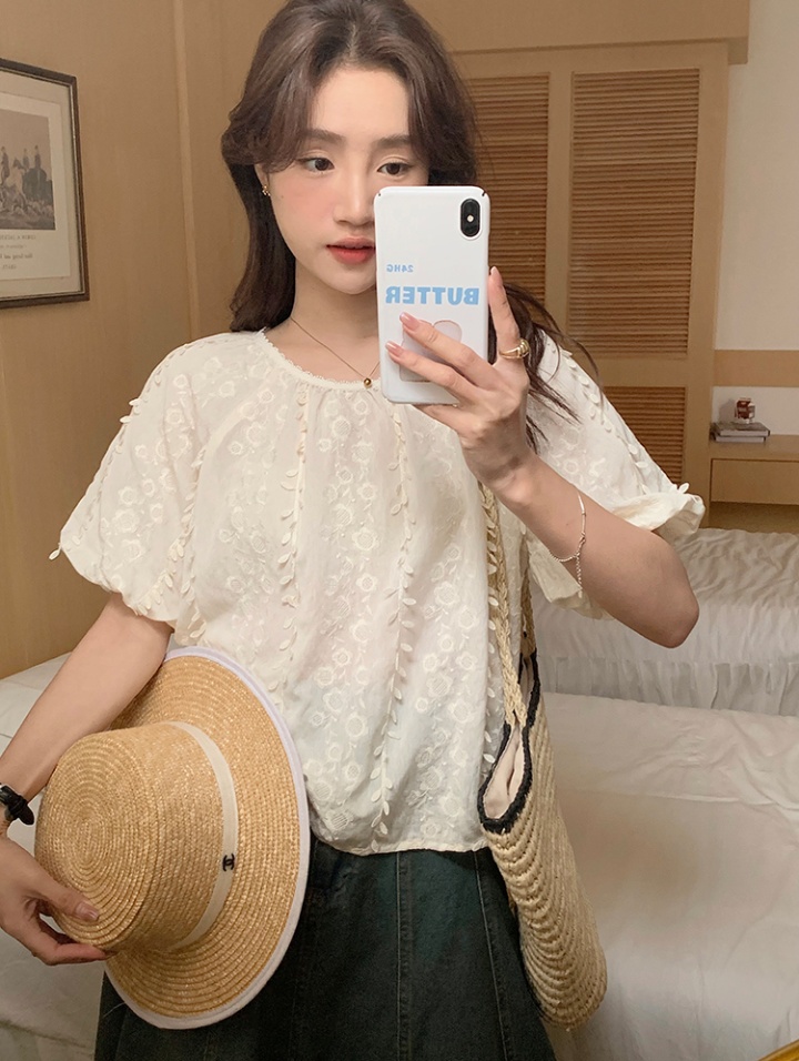 Round neck summer doll shirt loose embroidered shirt