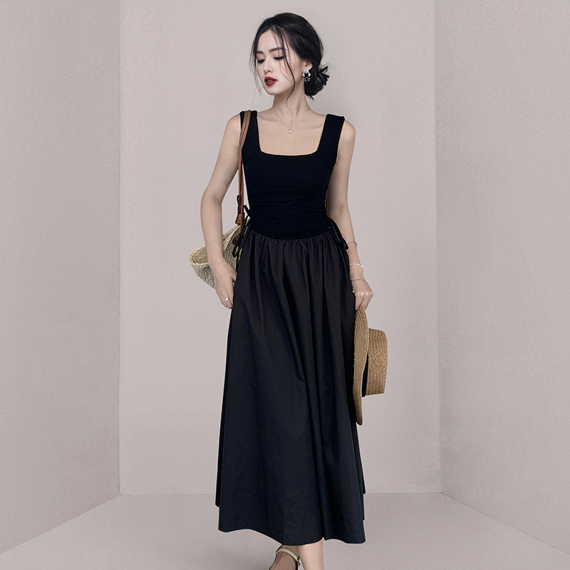 Square collar splice knitted summer long dress