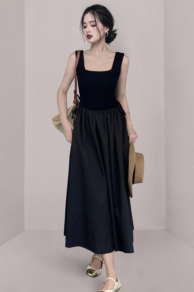 Square collar splice knitted summer long dress