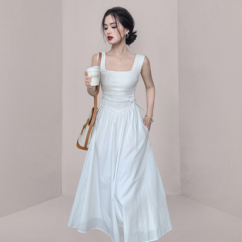 Square collar splice knitted summer long dress