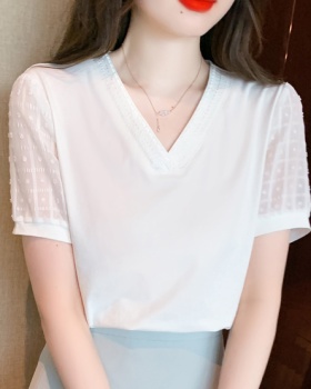 Chiffon V-neck tops short sleeve summer T-shirt for women