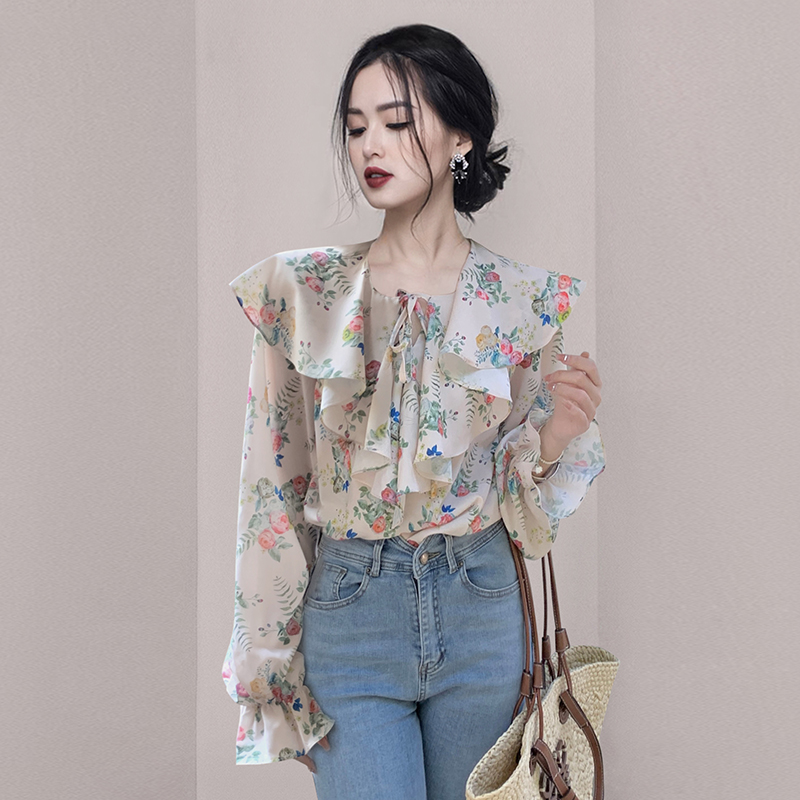 Chiffon big lotus leaf long sleeve all-match shirt