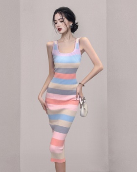 Rainbow stripe knitted slim pinched waist package hip dress