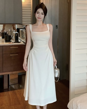 France style pinched waist long dress white dress