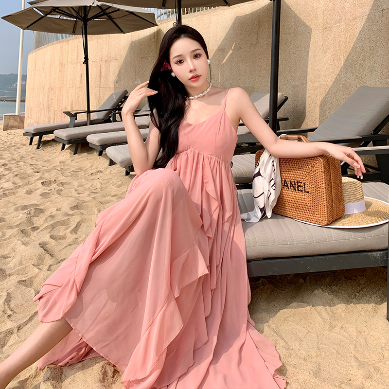 Seaside pink vacation chiffon lady sling summer dress