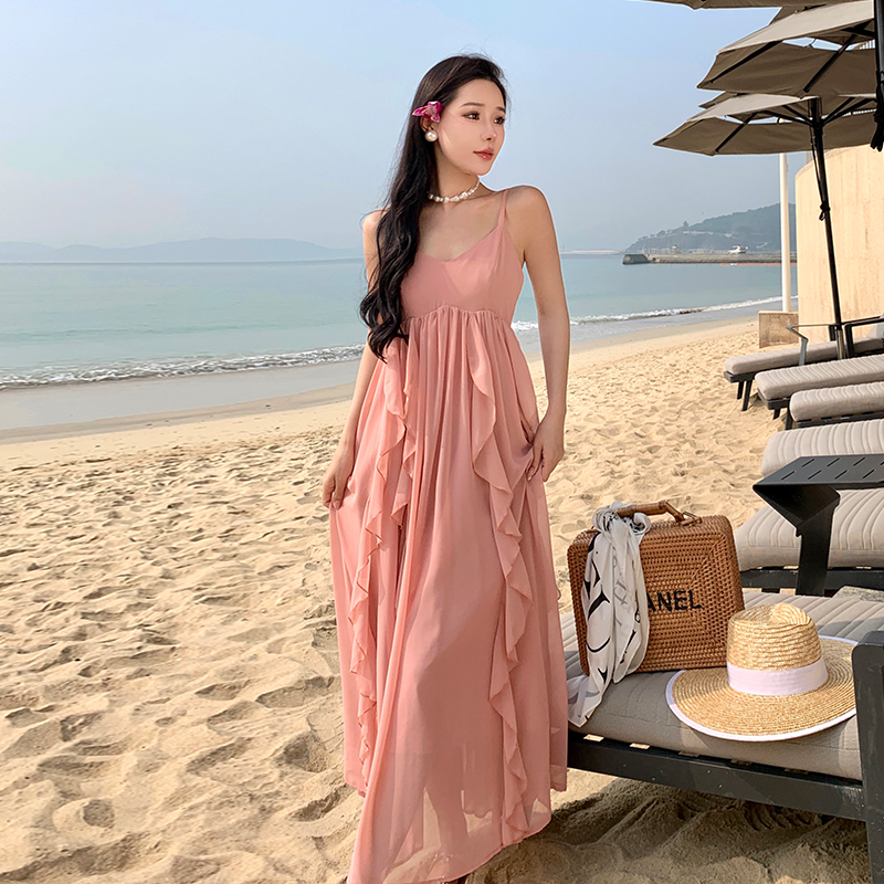 Seaside pink vacation chiffon lady sling summer dress