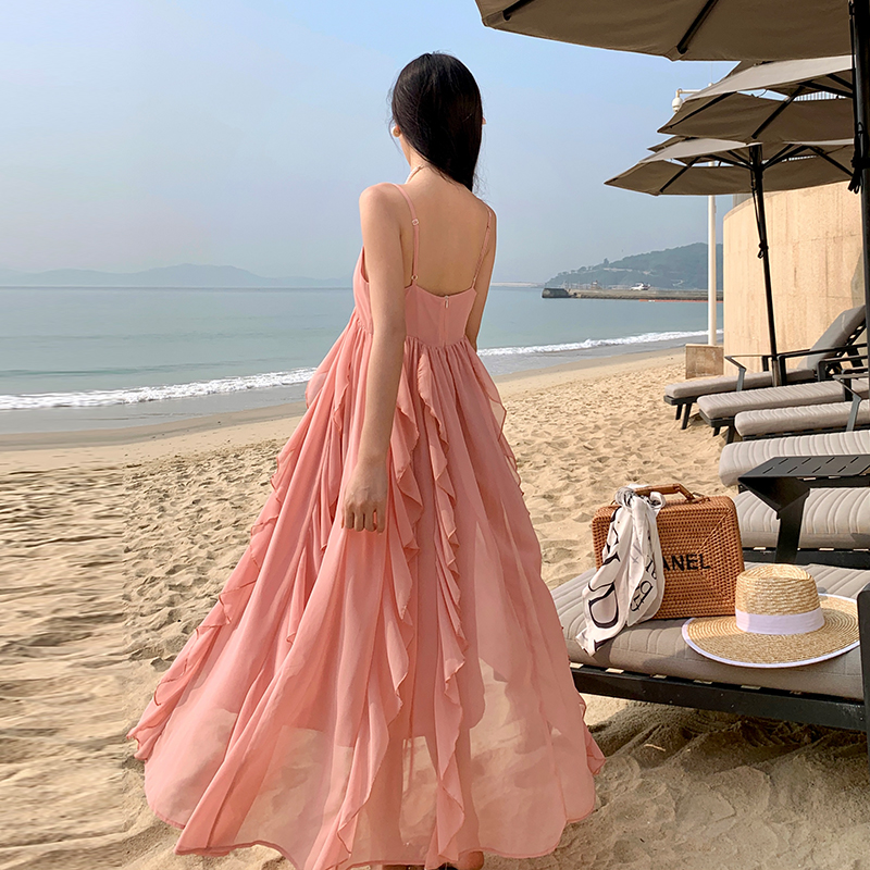 Seaside pink vacation chiffon lady sling summer dress