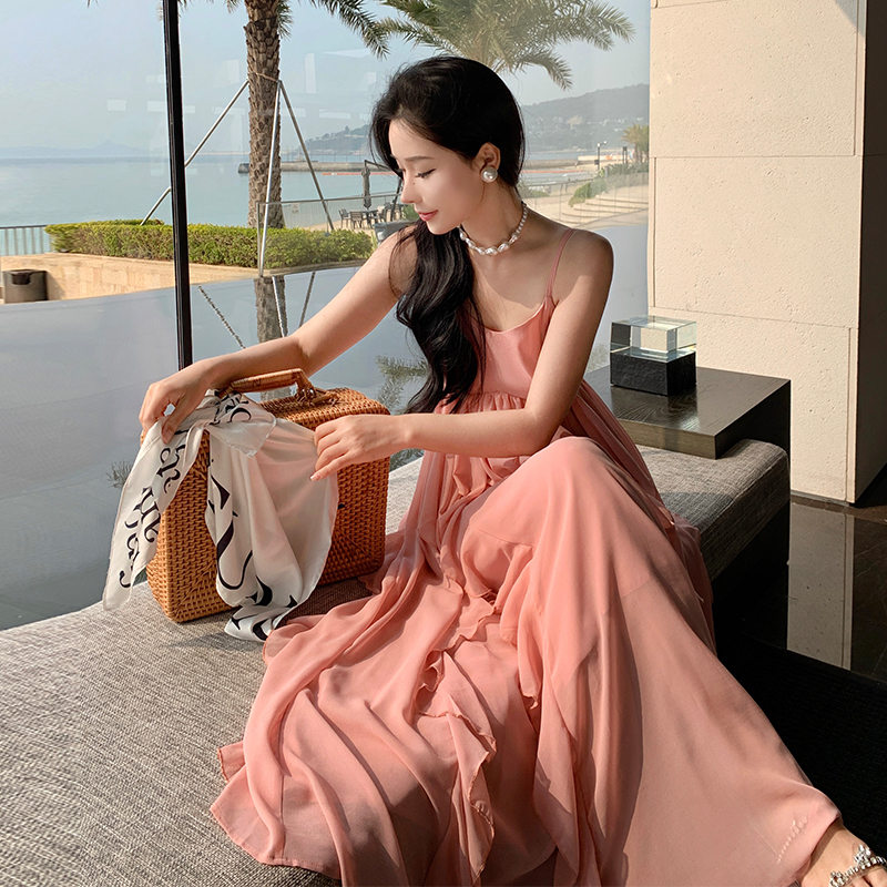 Seaside pink vacation chiffon lady sling summer dress