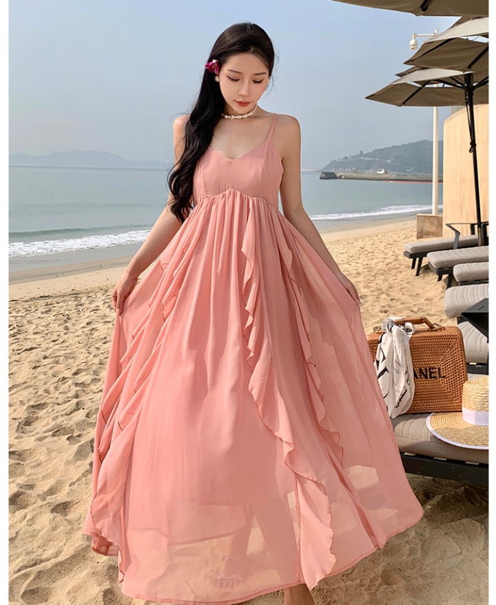 Seaside pink vacation chiffon lady sling summer dress