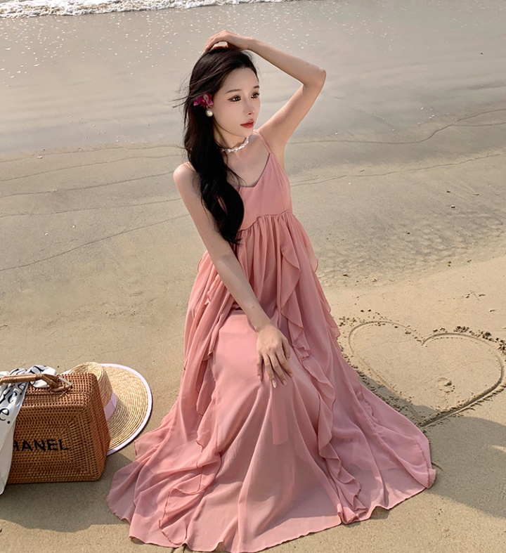 Seaside pink vacation chiffon lady sling summer dress