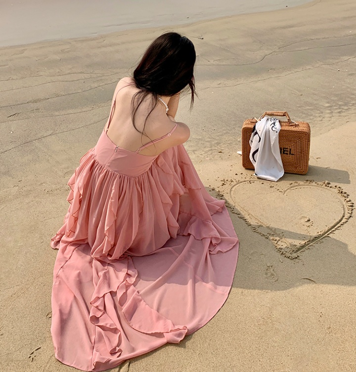 Seaside pink vacation chiffon lady sling summer dress