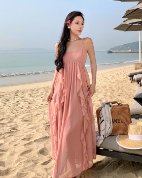 Seaside pink vacation chiffon lady sling summer dress
