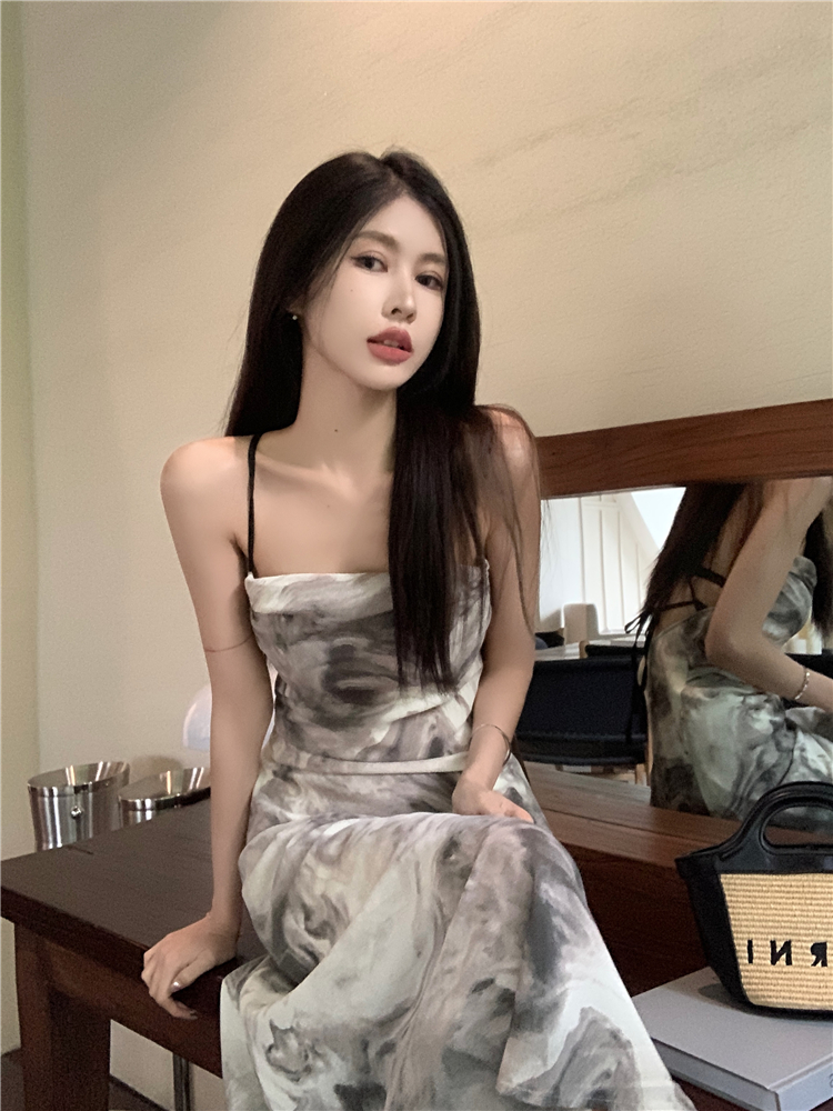 Ink tie dye sexy long dress halter bandage sling dress