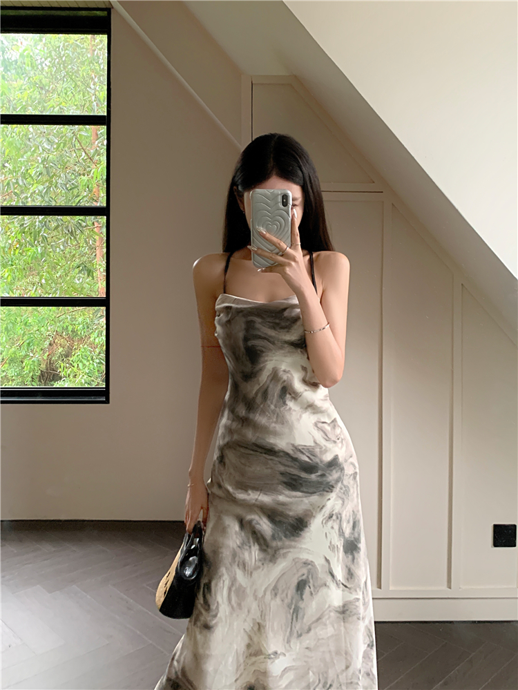 Ink tie dye sexy long dress halter bandage sling dress