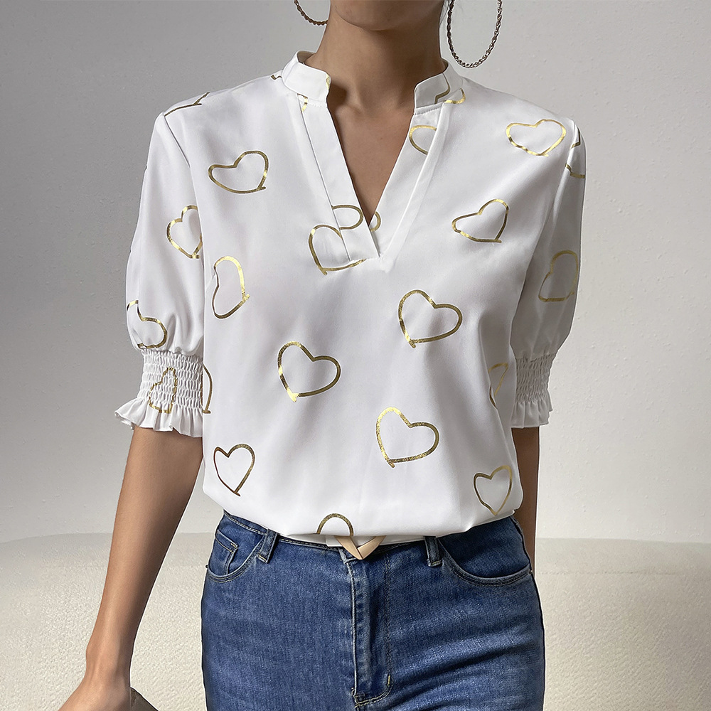 V-neck summer heart shirt short sleeve commuting tops for women