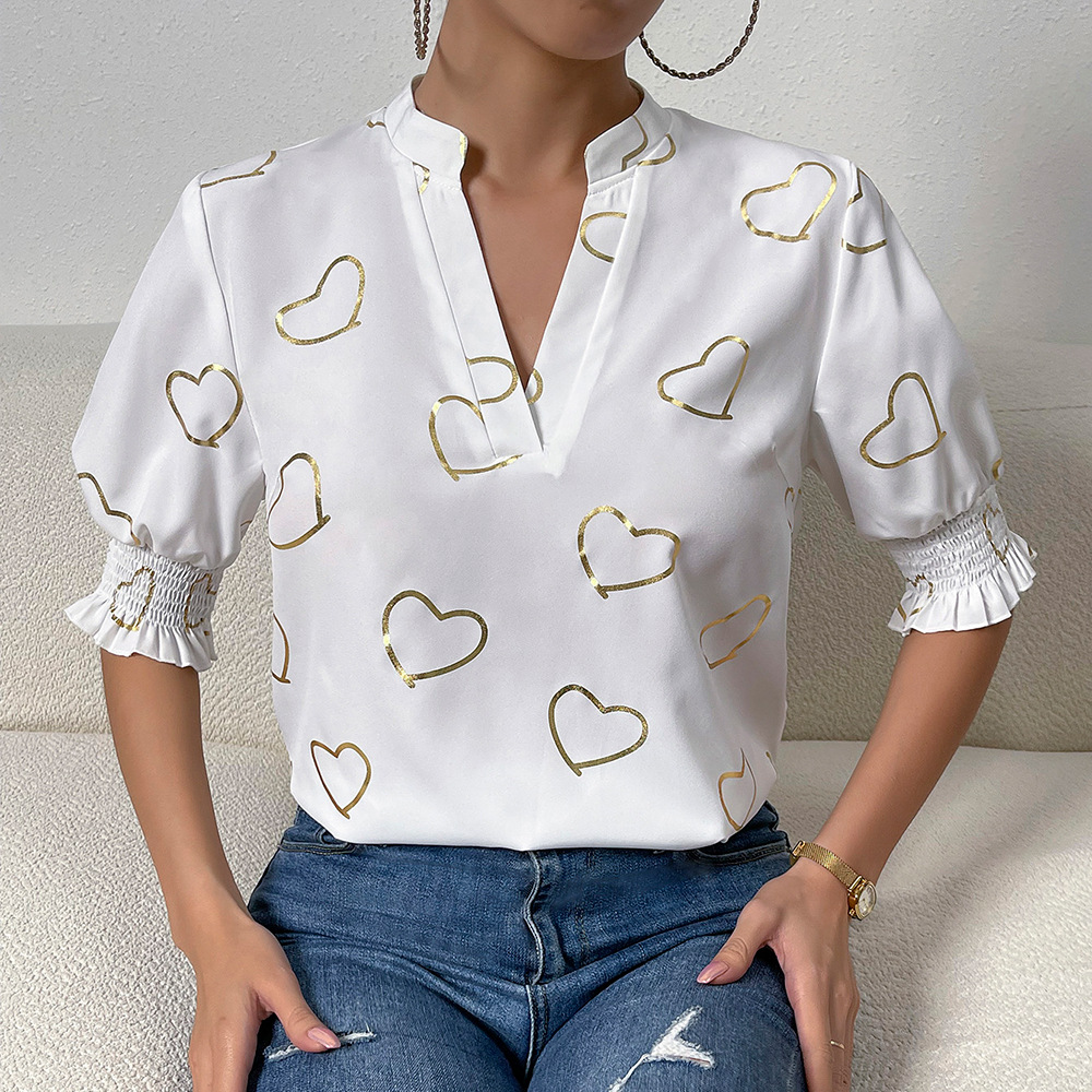 V-neck summer heart shirt short sleeve commuting tops for women