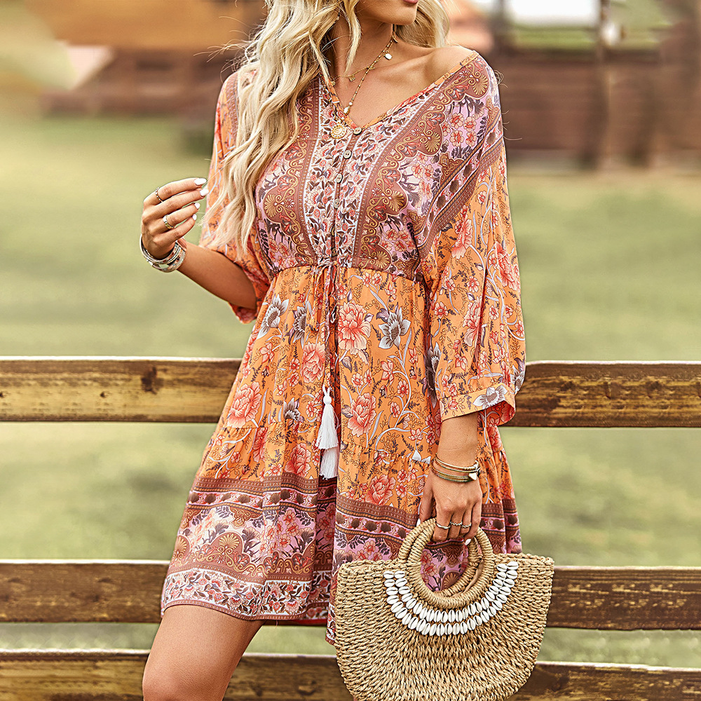 Summer V-neck T-back vacation Bohemian style dress