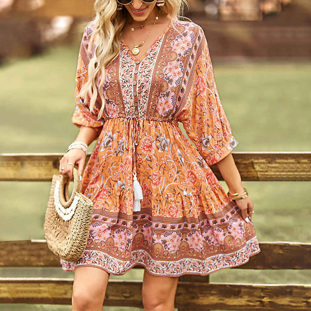 Summer V-neck T-back vacation Bohemian style dress