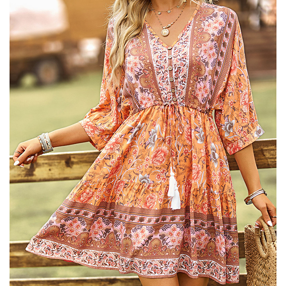 Summer V-neck T-back vacation Bohemian style dress