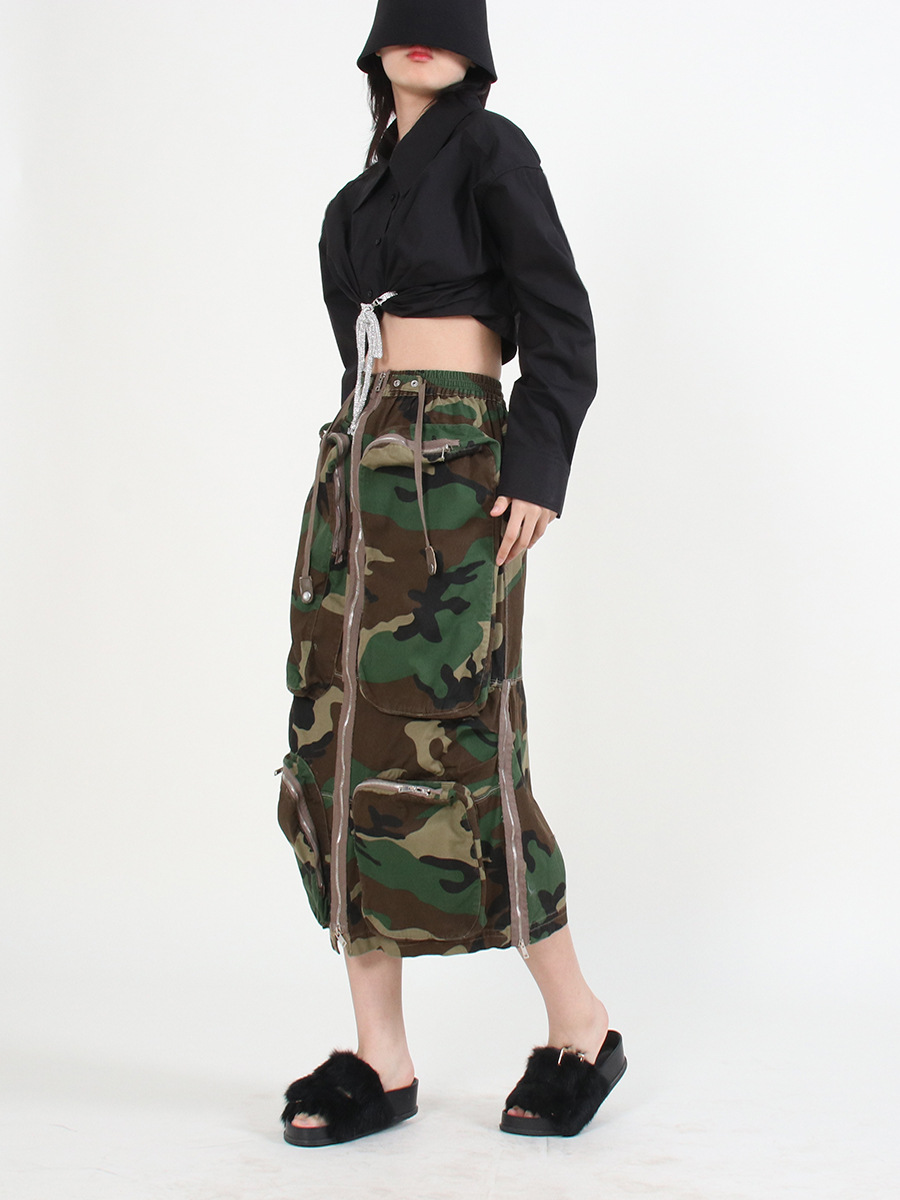 Zip fashion spring long dress printing pocket skirt