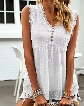Sleeveless elegant summer shirt jacquard V-neck tops for women