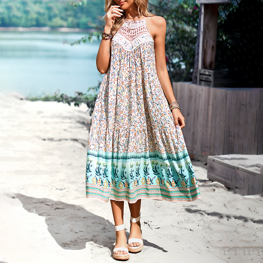Floral sleeveless dress summer vacation long dress
