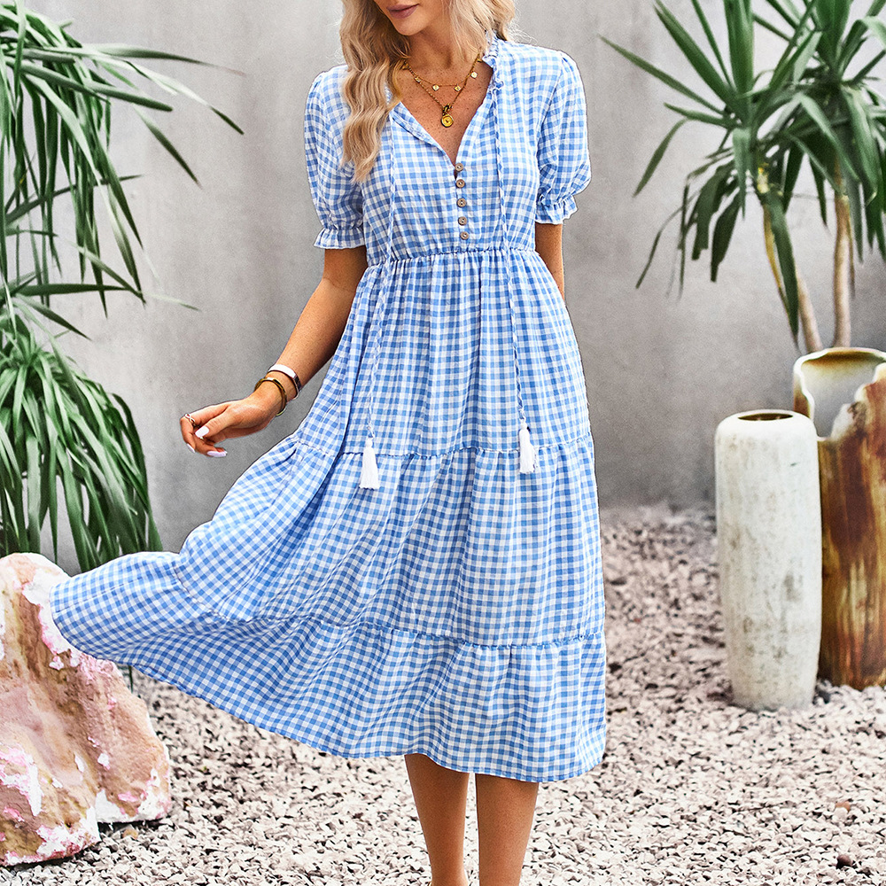 European style plaid long dress elegant summer dress for women