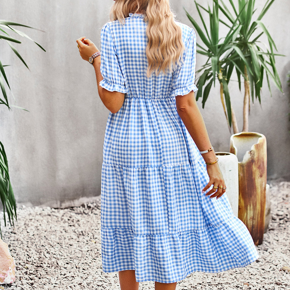 European style plaid long dress elegant summer dress for women