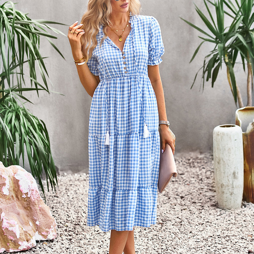 European style plaid long dress elegant summer dress for women