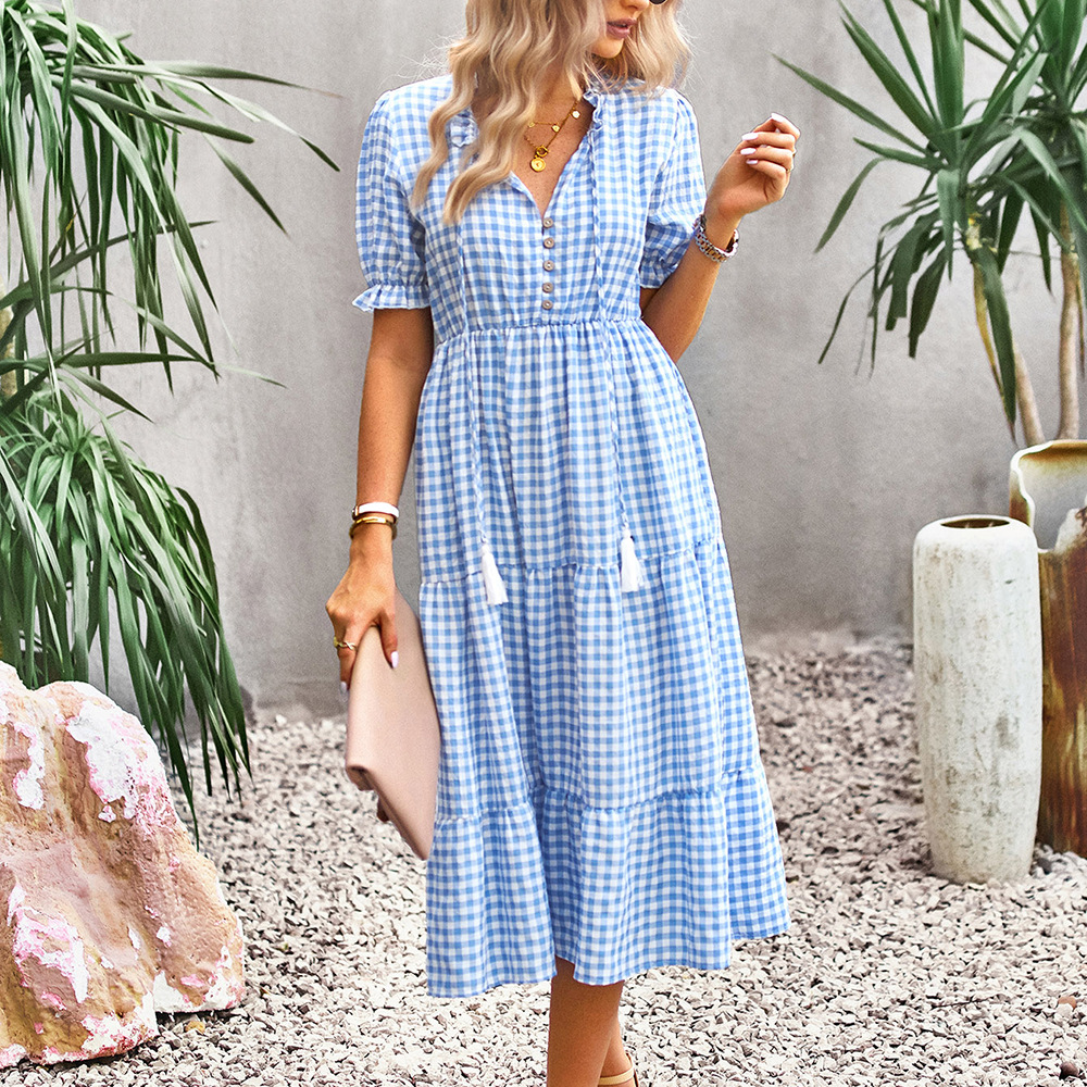 European style plaid long dress elegant summer dress for women